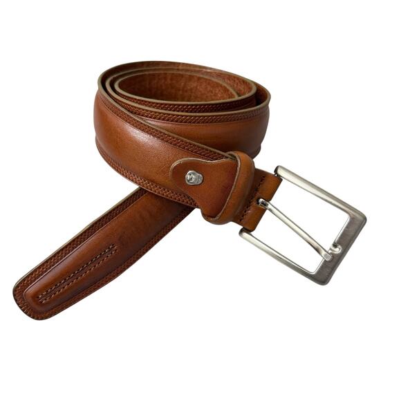 Columbus Leather Belt Mens Size Large Silver Buckle 1.5in Made in Italy Stitched - Picture 1 of 8